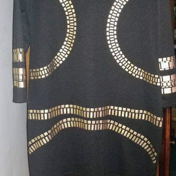 Black Midi Dress with Gold Decorative Design | Size XL | Stretch Fabric - Picture 3 of 15